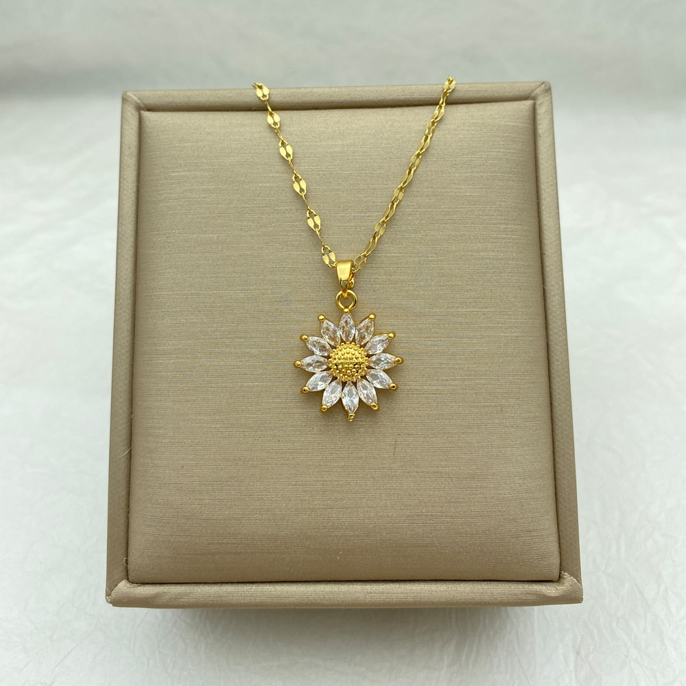 Gold Plated Sunflower Necklace for Women Jewelry Titanium Steel Zircon Big Pendant Necklace Luxury Choker Korea Style Wholesale
