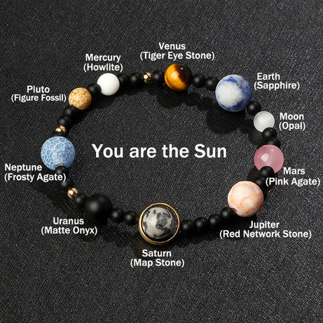 Nine Planets Solar System Beaded Bracelet, Natural Stone Galaxy Cosmic Talisman