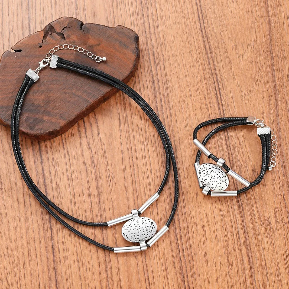 Leather Rope Oval Pendant Necklace Bracelet Set Jewelry