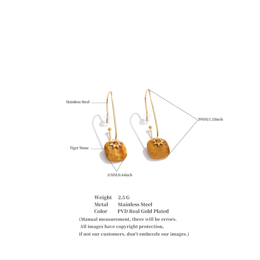 Yhpup Stainless Steel Natural Tiger Agate Stone Square Drop Earrings 14K Gold PVD Plated Chic French Fashion Waterproof Jewelry