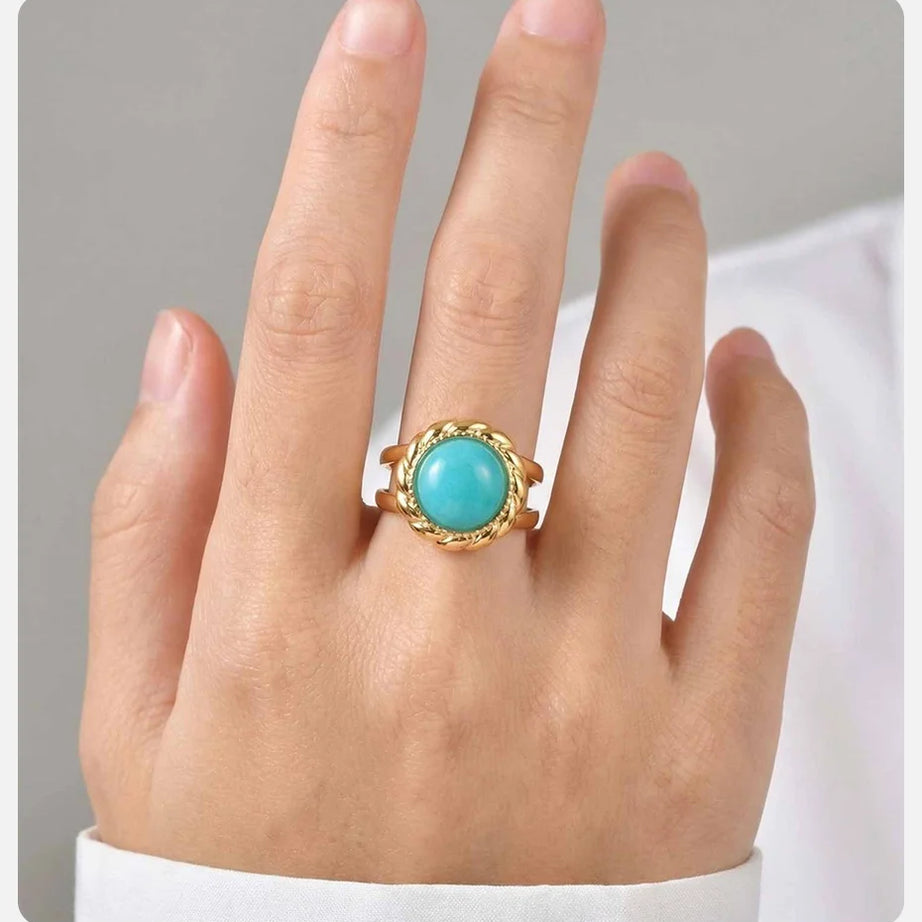 Vnox Vintage Blue Turquoise Gold Color Opening Rings for Women, Natural Stone Stainless Steel Finger Boho Ring Jewelry No Fade - Charlie Dolly