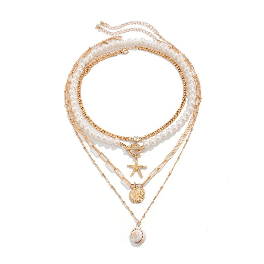 Shell Starfish and Pearl Layered Chain Boho Necklace