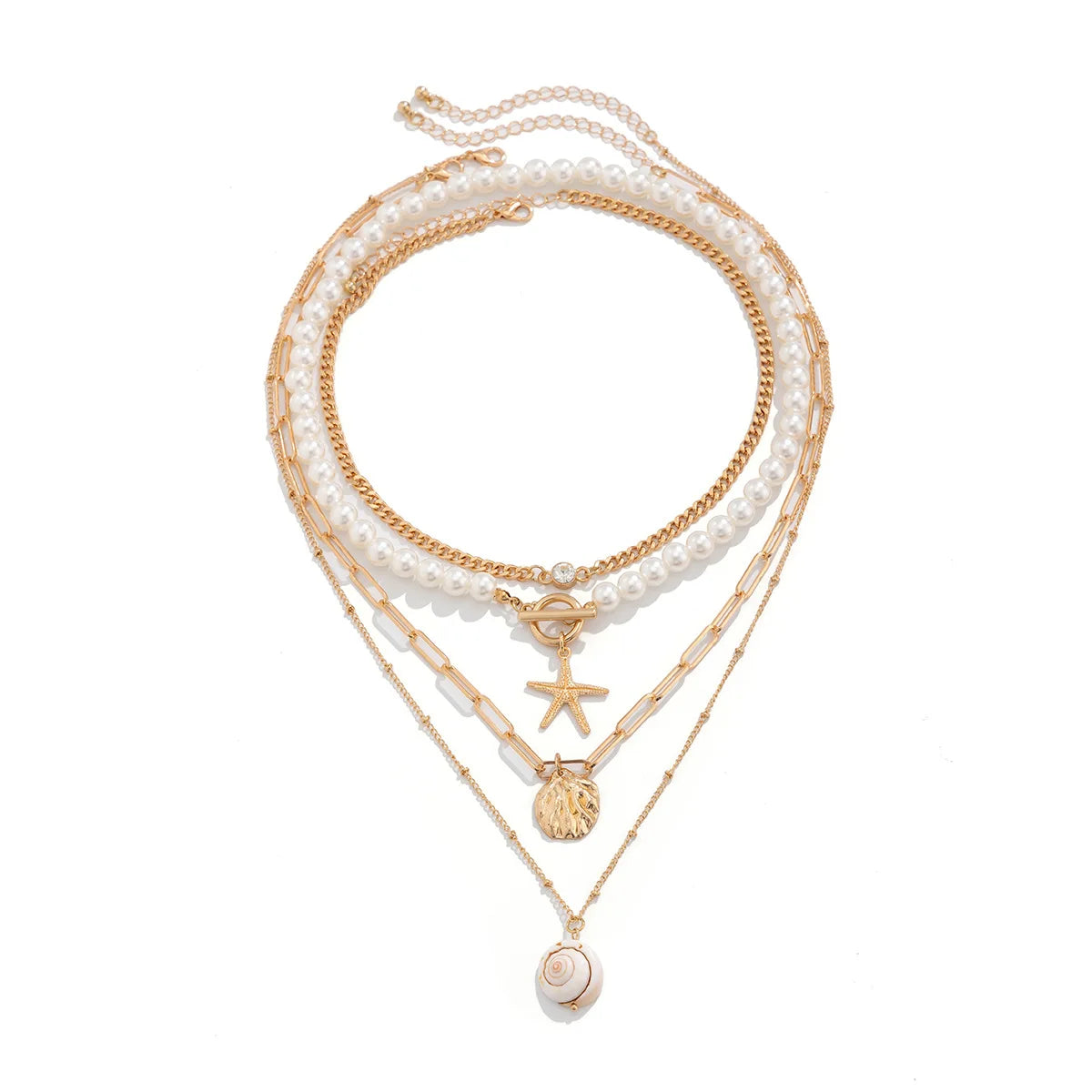 Boho Shell Starfish Shape Pendant Necklace for Women Imitation Pearl Layered Chain Necklace Summer Beach Neck Jewelry