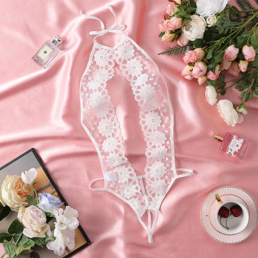 Women's Fancy Sexy Lingerie White Open Bra Hot Teddy Hollow Out Halter Backless Bodysuit Floral Embroidery Crotchless Underwear