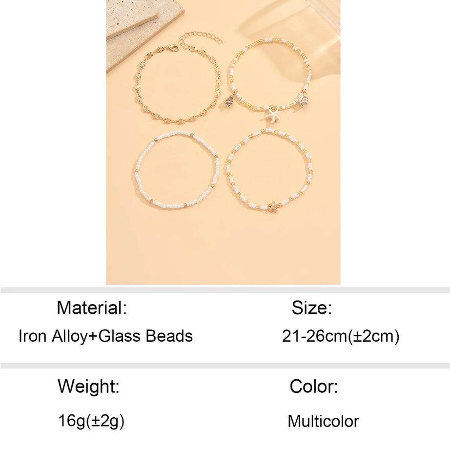 Starfish and Shell Stackable Beaded Anklet Set (4 Pieces)