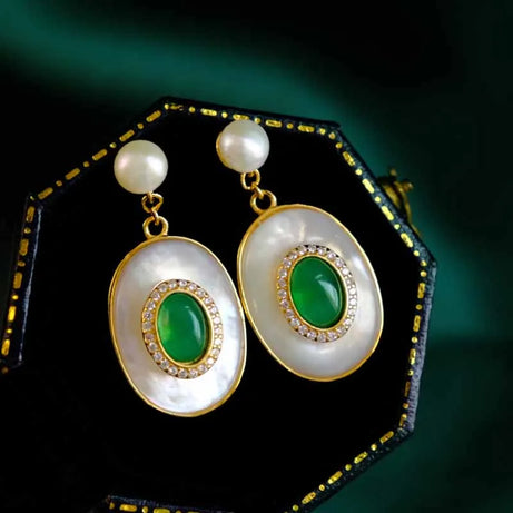 New style inlaid lapis lazuli artificial artificial fritillary earrings for women emerald vintage pearl wedding silver jewelry - Charlie Dolly