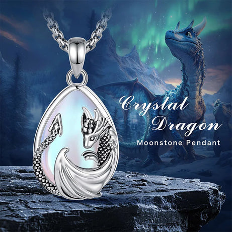 Moonstone Dragon Crescent Pendant Necklace, Celestial Guardian Amulet