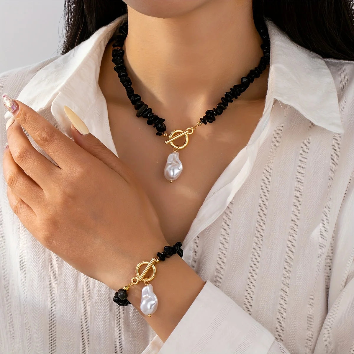 Boho Green Natural Stone Baroque Pearl Jewelry Set 13 Colors Toggle Clasp Necklace Bracelet For Women Fashion Gift