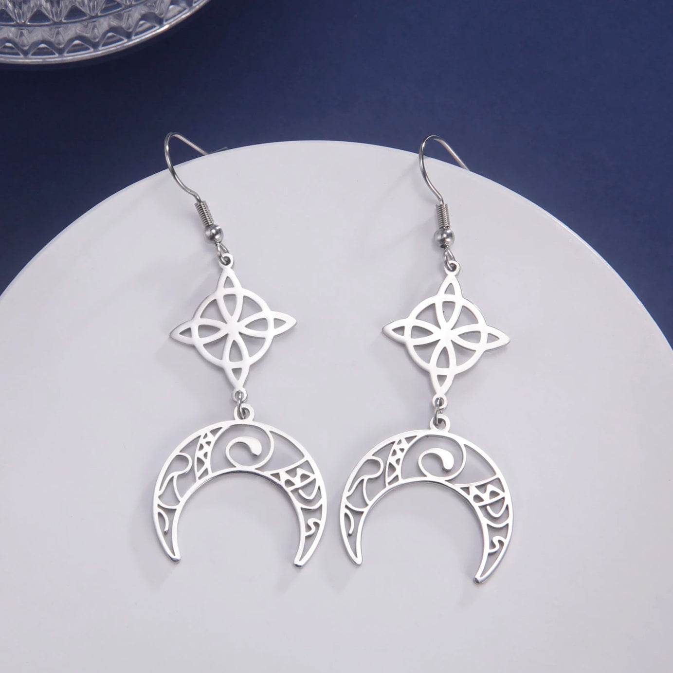 Triple Moon, Rune & Pentagram Hoop Earrings, Stainless Steel Witchy Amulet