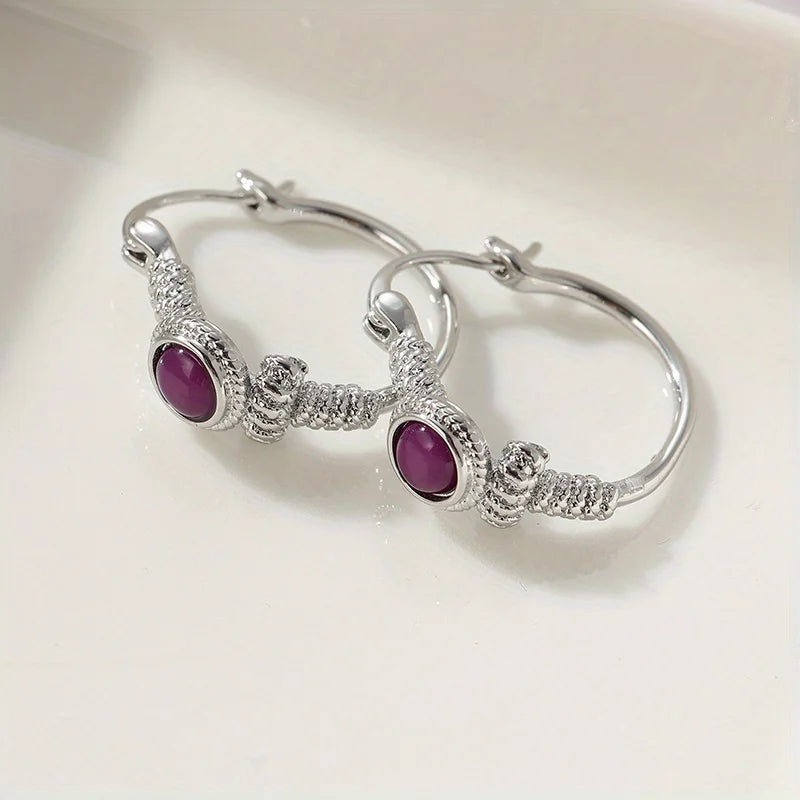 Bohemian Style Vintage Inlaid Synthetic Amethyst Silvery Plated Hoop Earrings for Women Fashion Banquet Jewelry Accessories Gift