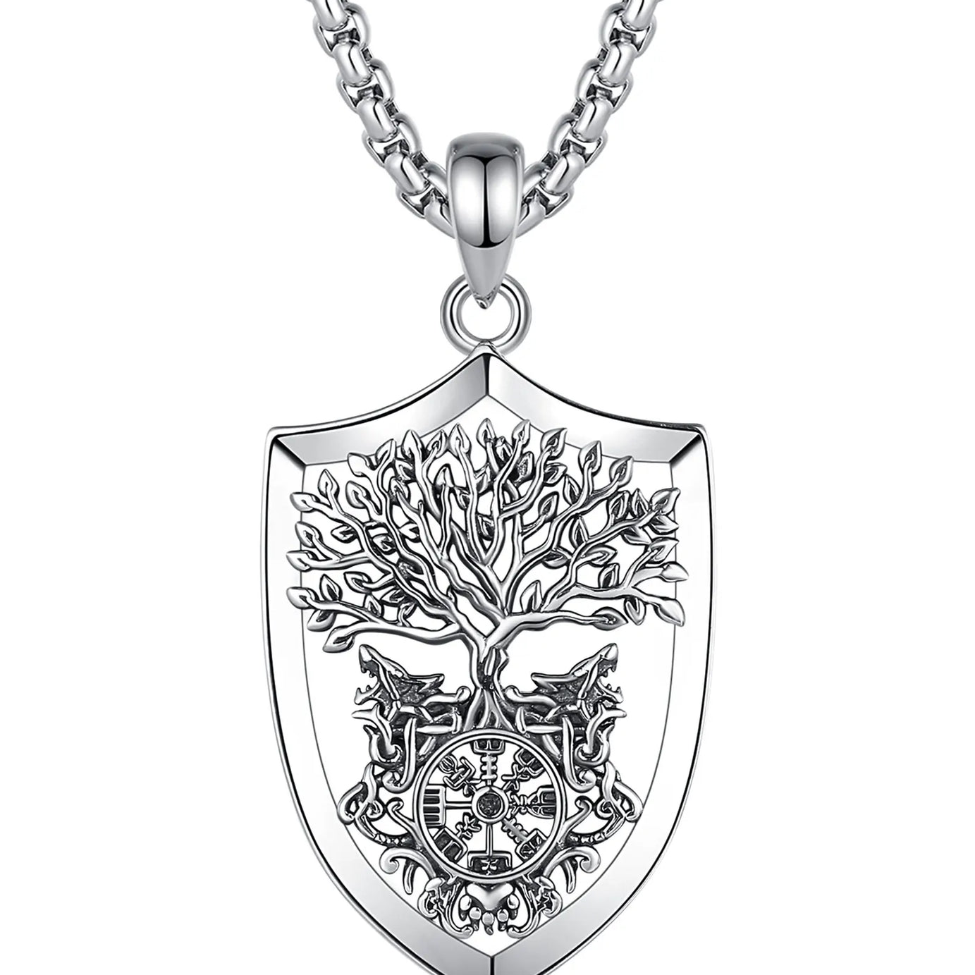 S925 Sterling Silver Viking Yggdrasil Compass Pendant Necklace, Tree of Life Wolf Norse Amulet