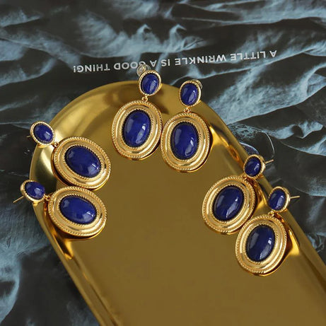 New design inlaid lapis lazuli oval hollow earrings exaggerated punk style retro ancient gold craftsmanship women's jewelry - Charlie Dolly