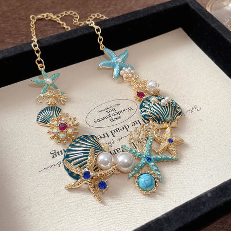 Marine Starfish Shell and Coral Pendant Necklace