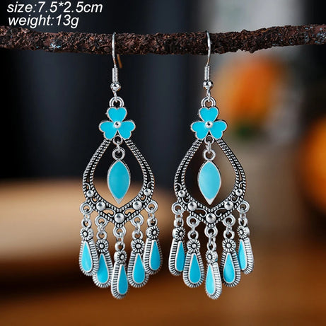 Blue Enamel Feather Crystal Long Earrings Jewelry