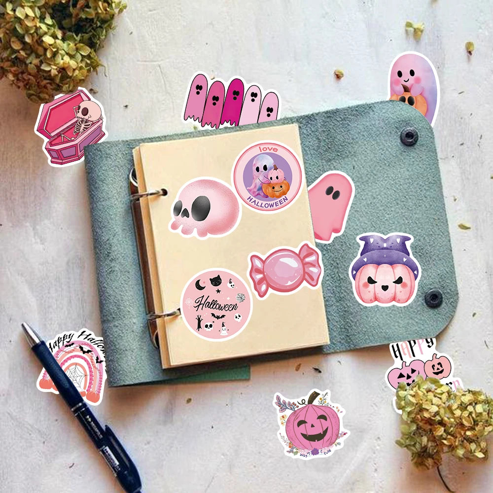 50PCS Kawaii Pink Halloween Ghost Skull Pumpkin Stickers Notebook Guitar Skateboard Waterproof Cute Decorative Sticker Toy - Charlie Dolly