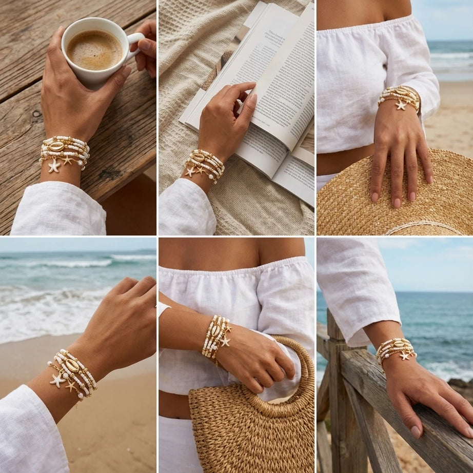 Shell and Starfish Pearl Beaded Stackable Bracelet Set (6 Pieces)