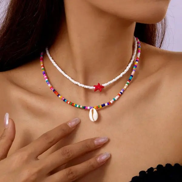 Boho Double Layer Beaded Starfish Shell Turtle Pendant Necklace Women Colorful Beads Clavicle Chain Choker Beach Party Jewelry