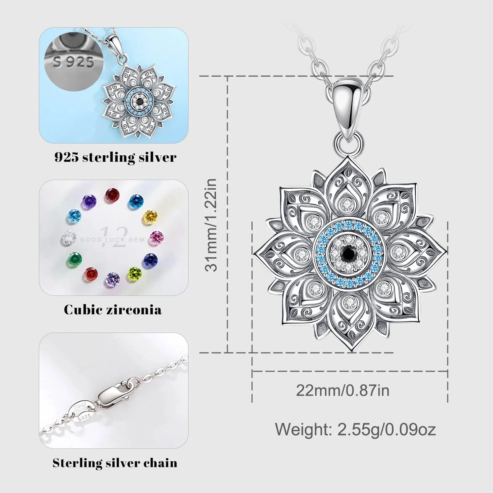 Eudora 925 Sterling Silver Lotus Evil Eye Necklace for Women Man Vintage Evil Eye Lotus Flower Pendant Personality Jewelry Gift