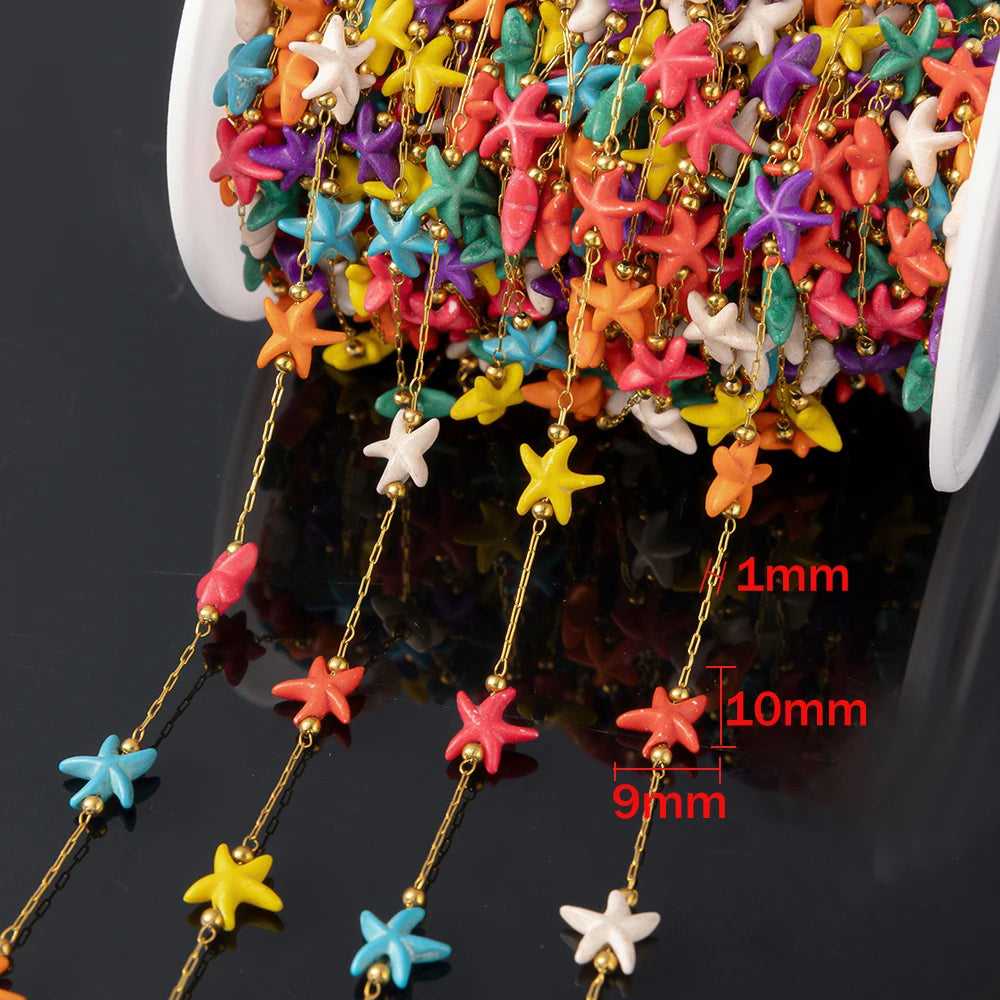 1M Gold Stainless Steels Beach White Natural Stone Starfish Charm Chain Boho Bracelet Neckalce Holiday Jewelry Making Component