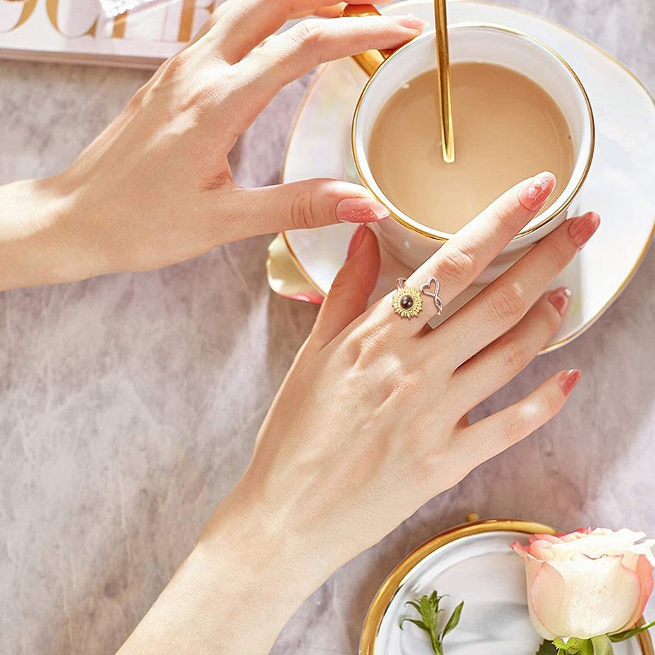 Rose Valley Sunflower Pendant Necklace for Women Letter Rings Fashion Jewelry Set One Hundred Language "I Love You" Girls Gifts - Charlie Dolly