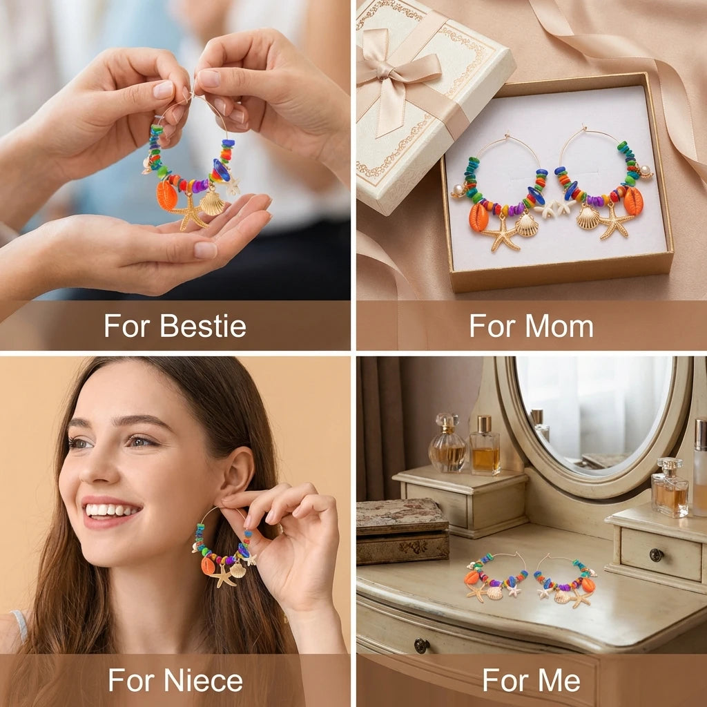 Colorful Irregular Stone Hoop Earrings for Women Y2K Boho Starfish Shell Dangle Earrings Summer Beach Vacation Festival Jewelry