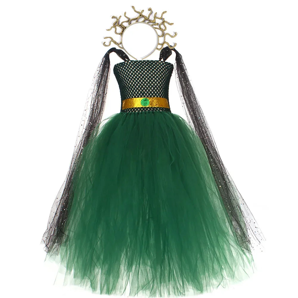 Green Medusa Girls Costume With Headpiece For Kids Cosplay Halloween Medusa Dresses Greek Roman Kids Fancy Gown Tutu Dress 2024 - Charlie Dolly