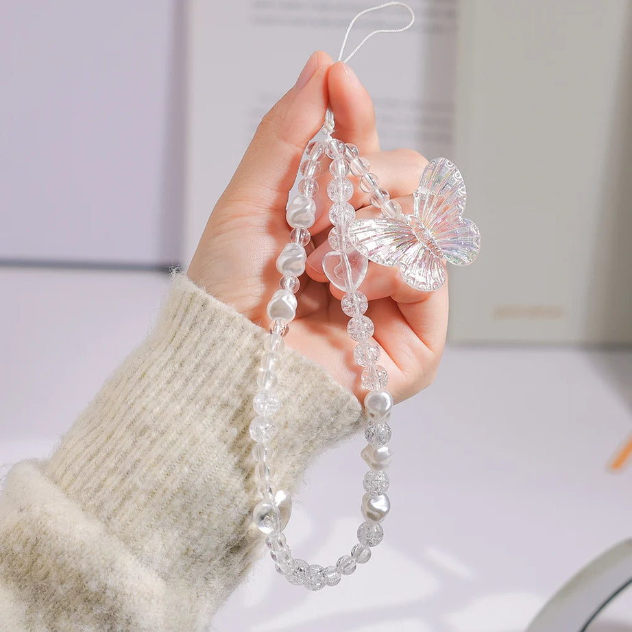 Pink Butterfly, Pearl and Bow Phone Strap Wrist Chain