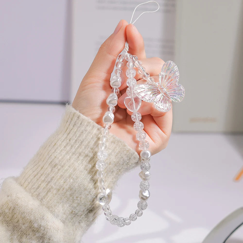 Pink Butterfly Pearl Bow Phone Chain Anti-Lost Bracelet For Mobile Phone Case Wrist Strap Lanyard Phone Keychain Portable Chain
