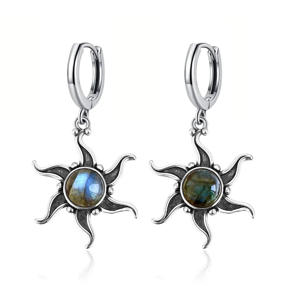 Natural Stone Sun Flower Hoop Earrings for Women, Vintage Antique Silver Turquoise Amethyst Labradorite Dangle Earring Wholesale