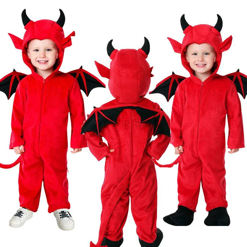 Kids Baby Red Devil Costume Unisex Child Cosplay Costume Jumpsuit Halloween Boy Monster Girls Bat Performance Costume School - Charlie Dolly
