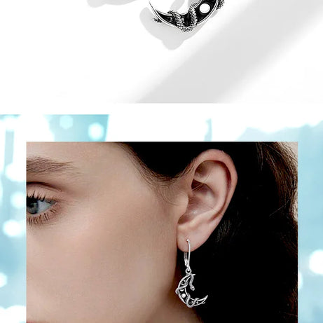 S925 Sterling Silver Moon Phase Snake Drop Earrings, Gothic Black Enamel Celestial Talisman