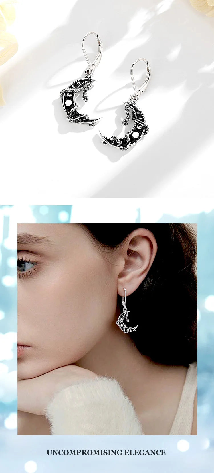 AEONSLOVE 925 Sterling Silver Moon Phase Snake Earrings Gothic Black Enamel Celestial Drop Earrings Witch Jewelry Gift for Women