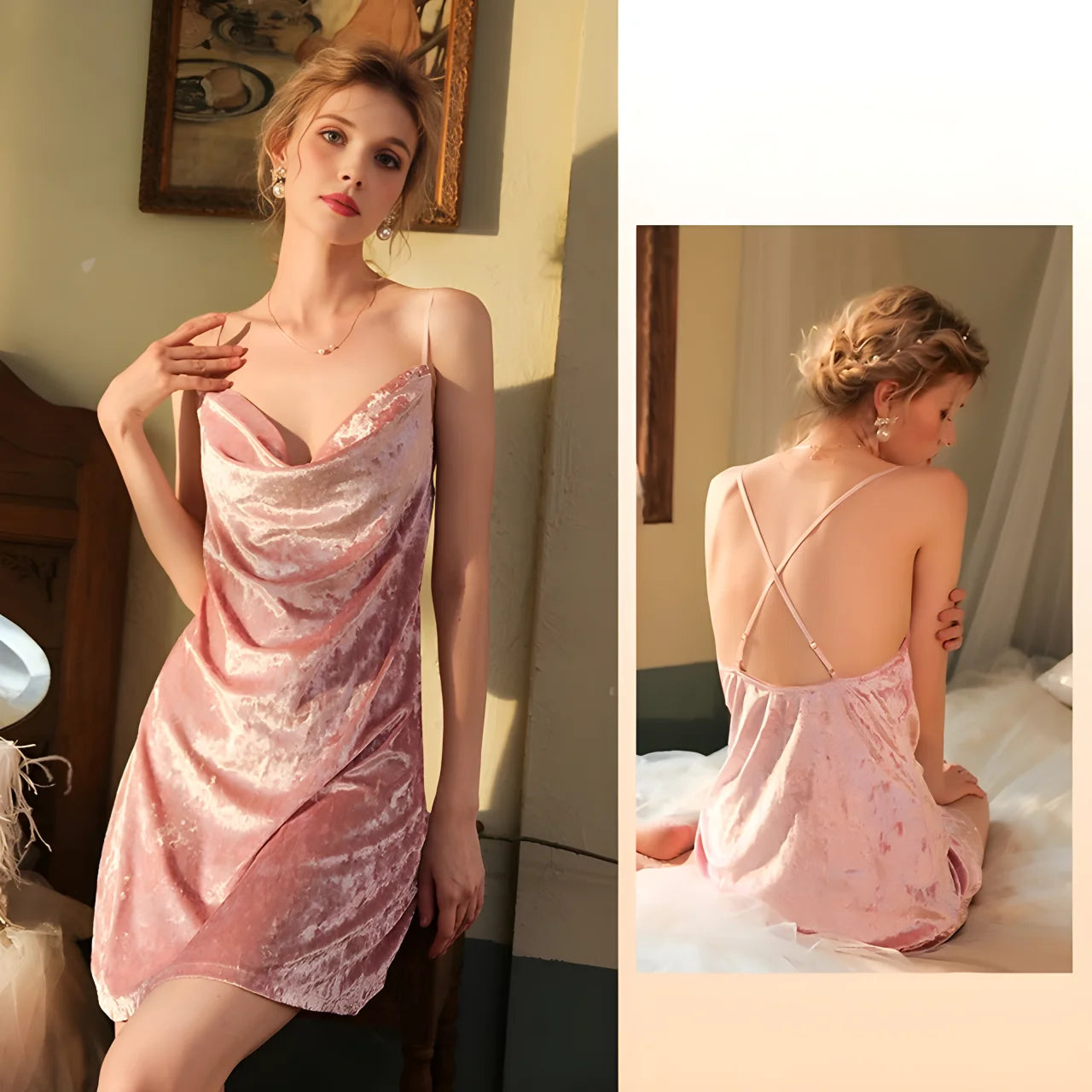 Women's home wear, velvet sexy pajamas, women's sexy halter nightdress, backless seductive home wear pajamas - Charlie Dolly