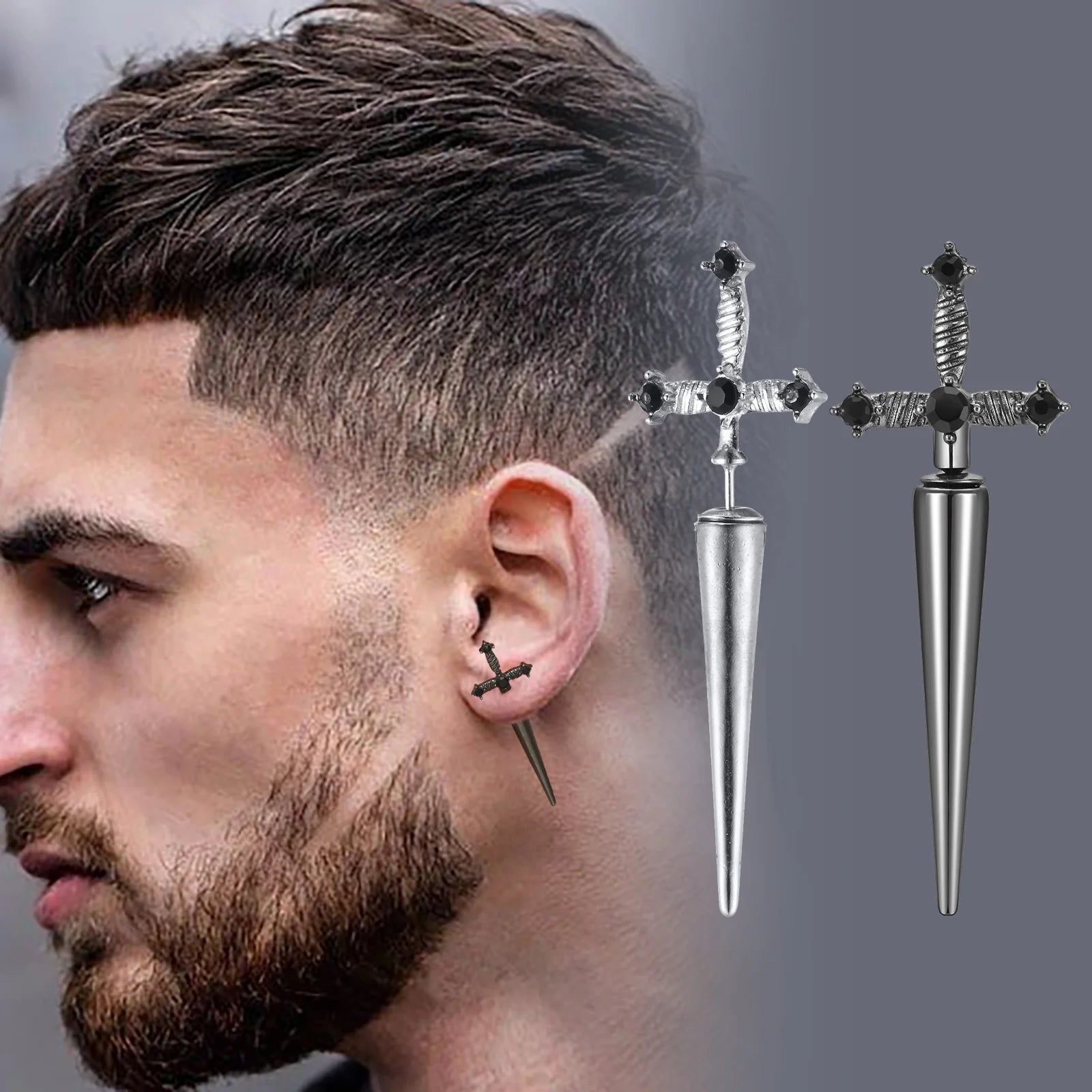 Gothic Sword Shaped Earrings for Men Boys,Metal Black Stone Cross Studs Earrings,Rock Punk Jewelry Anniversary Birthday Gifts