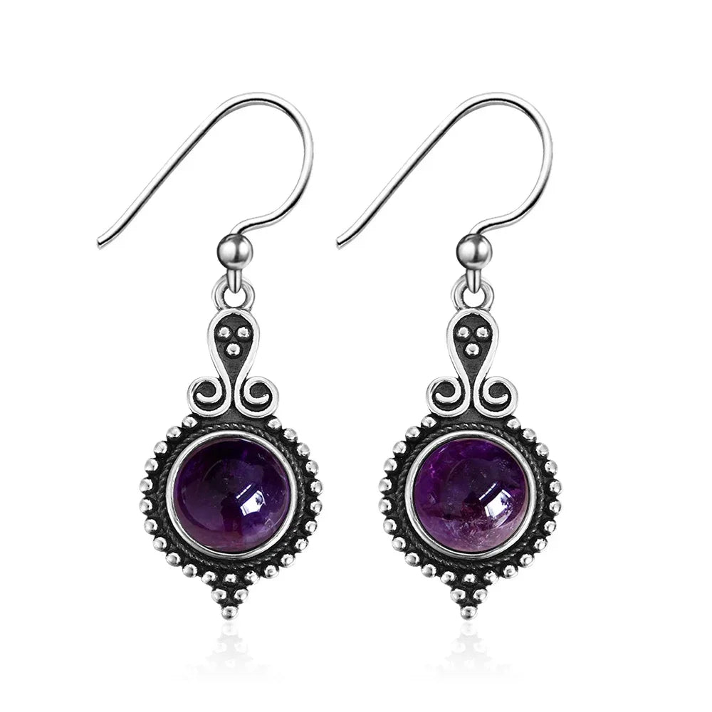 Natural Stone Sun Flower Hoop Earrings for Women, Vintage Antique Silver Turquoise Amethyst Labradorite Dangle Earring Wholesale