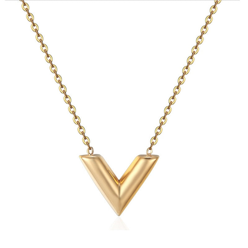 Fashion Brand V Letter Pendant Necklace For Woman Stainless Steel Women Necklace Luxury Jewelry Female  gift - Charlie Dolly
