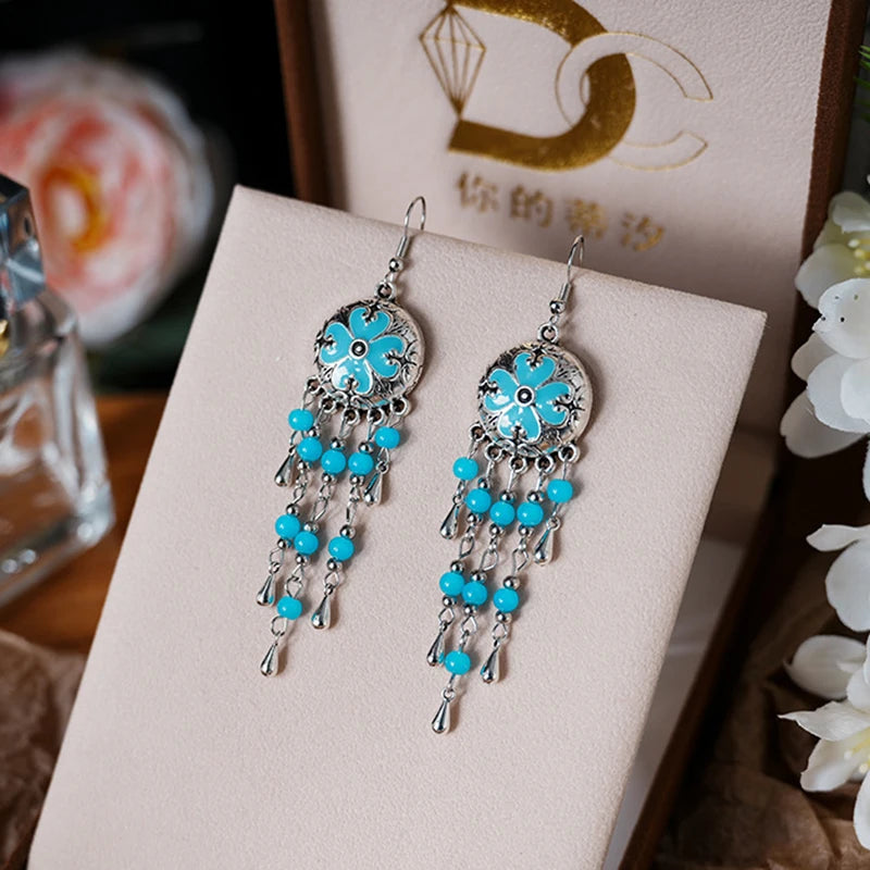 Blue Fashion Boho Temperament Water Drop Feather Earrings for Women Long Crystal Rhinestone Drop Oil Dangle Earring Jewelry