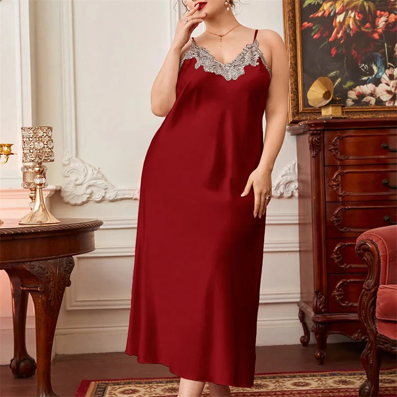 Sexy Sleepwear Women Lace Silk Satin Sleeveless Nighties Summer V-neck  Suspender Thin Long Imitation Silk Nightgown - Charlie Dolly