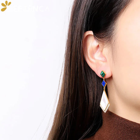 GEEZENCA Malachite Lapis Lazuli Shell 925 Silver Dangle Earrings For Women Unusual Geometric Natural Stone Drop Earring Gift - Charlie Dolly
