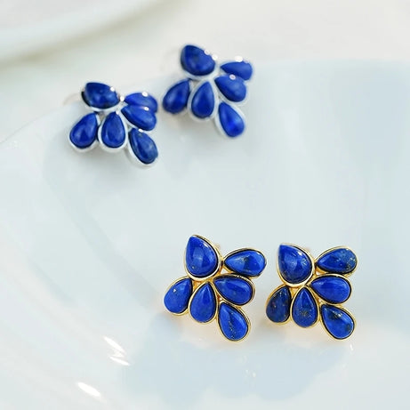 GEEZENCA 925 Silver Lapis Lazuli Turquoise Leaf Stud Earrings Women Gold Plated Trendy Dainty Lightweight Statement Earring Gift - Charlie Dolly