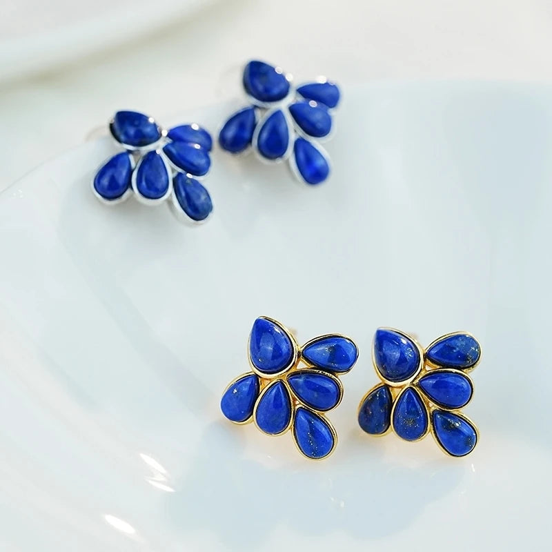GEEZENCA 925 Silver Lapis Lazuli Turquoise Leaf Stud Earrings Women Gold Plated Trendy Dainty Lightweight Statement Earring Gift