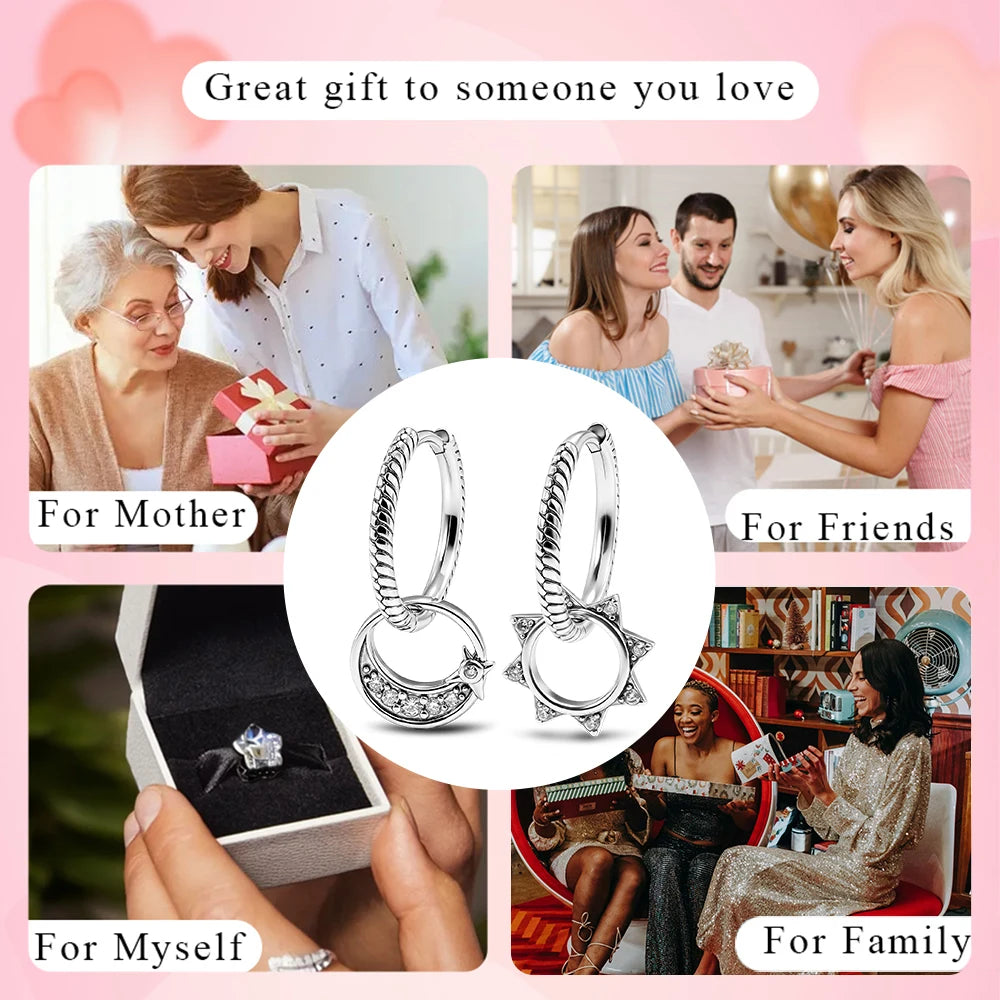 925 Sterling Silver Sun & Moon Asymmetric Hoop Earrings Pave CZ Celestial Design Dangle Earrings For Women Boho Jewelry Gifts