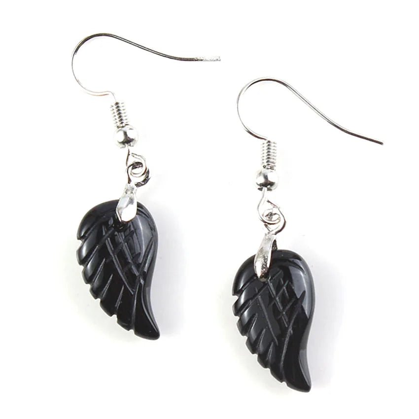 KFT Natural Carved Angel Wings Crystal Quartz Earring Lapis Lazuli Agate Dangle Hook Drop Stone Women Girls Earrings Jewelry