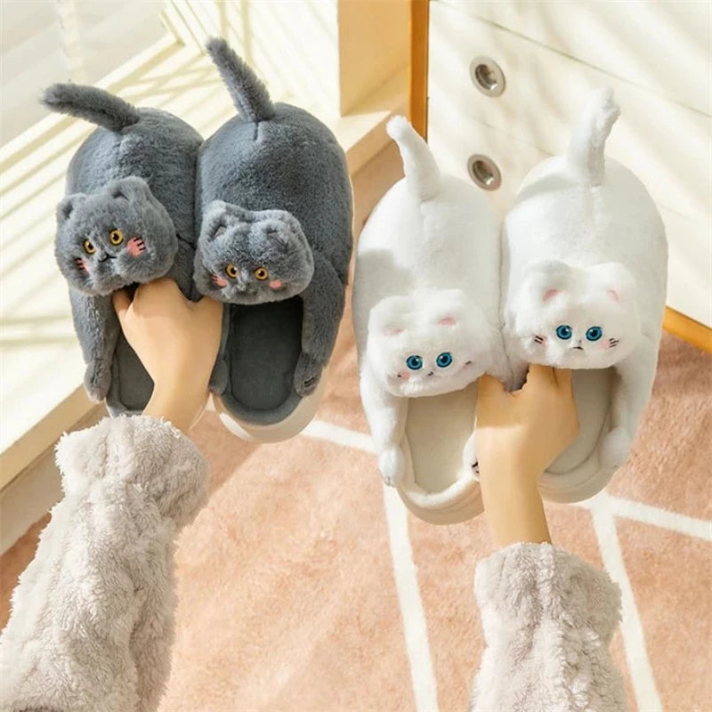 2022 New Cute Cat Slippers Women Winter Home Furry Slippers Indoor Floor Kawaii Floor Shoes Non-slip Fluffy Winter Warm Slippers - Charlie Dolly