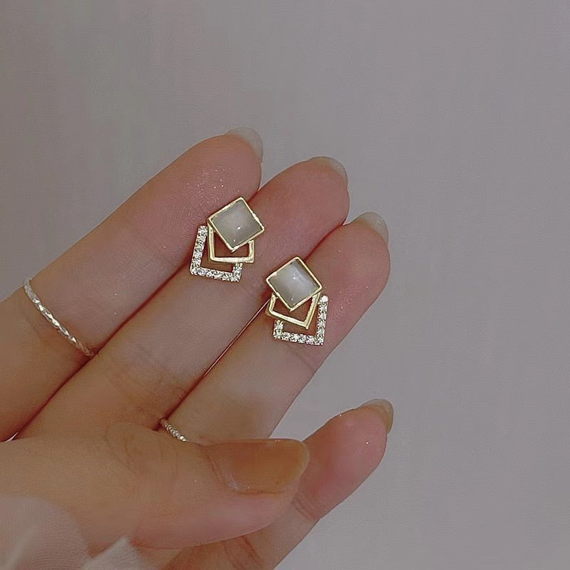 European and American Fashion Temperament Opal Geometric Square Earrings Women Personality Simple and Luxury Zircon Earrings - Charlie Dolly