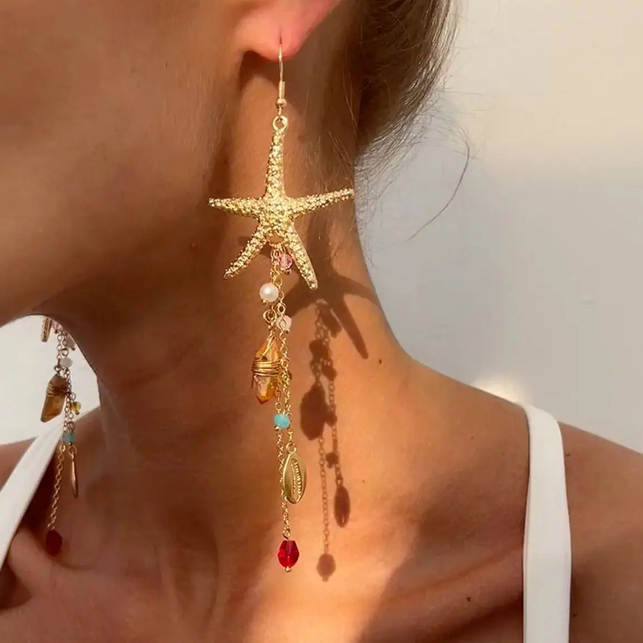Starfish Jellyfish Pearl Crystal Tassel Earrings Jewelry