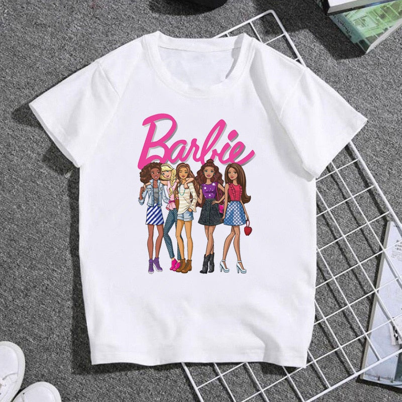 2023 Kawaii Barbie Children Short Sleeves Anime Cartoon Girls Boys Round Neck T-Shirt Soft All-Match Y2K Kids Clothes Streetwear