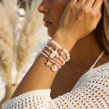 5Pcs/Set Boho Pink Pearl Beaded Bracelets for Women Summer Ocean Beach Starfish Shell Charm Multilayer Bracelet Set Jewelry Gift