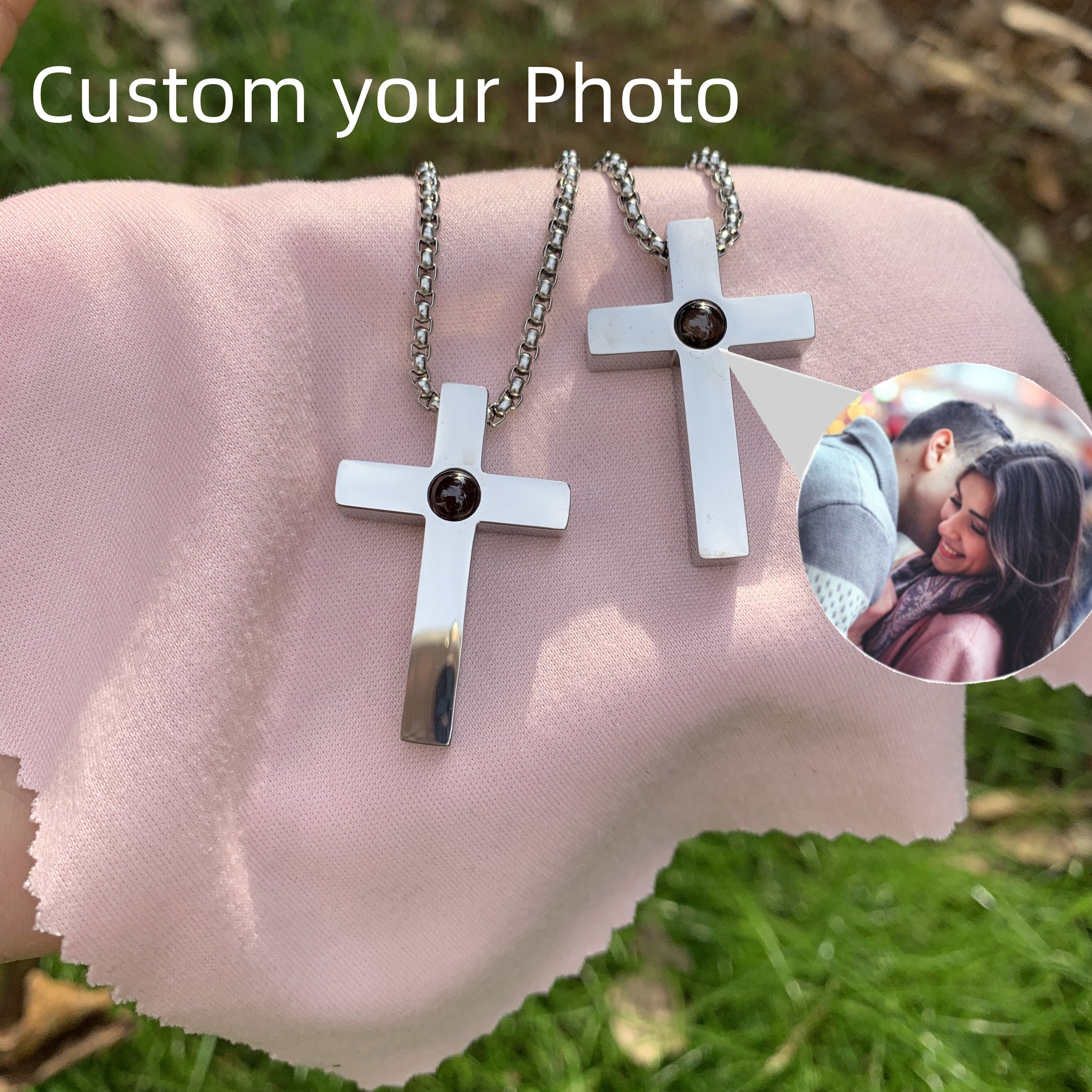 Stainless Cross Photo Custom Projection Necklace with Your Picture Family Memory Pet Projection Pendant Valentine's Day Gift - Charlie Dolly