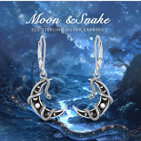 S925 Sterling Silver Moon Phase Snake Drop Earrings, Gothic Black Enamel Celestial Talisman